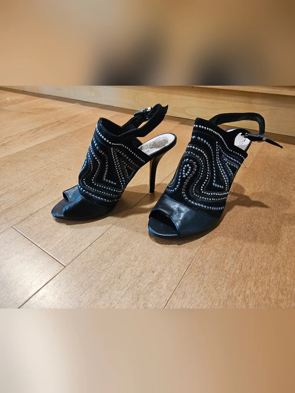 Vince Camuto Studded Peep Toe Slingback Heels - Black Suede & Leather - Size 7.5